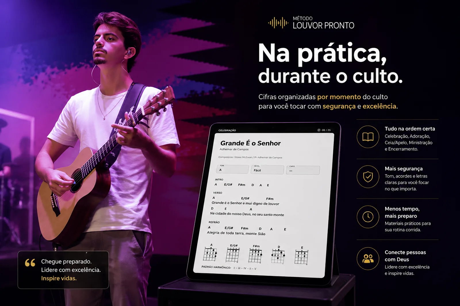 Músico tocando violão no culto, acompanhando pelo Kit Louvor Pronto aberto no tablet