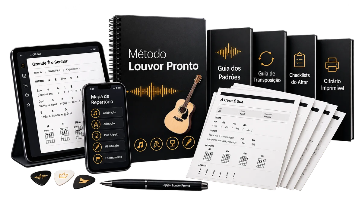 Kit Louvor Pronto: Cifrário e materiais de apoio, com páginas reais abertas em tablet e celular